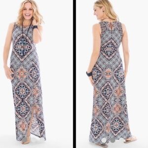 Joan Vass Maxi Dress Multicolor Womens Medium EUC Blue Orange Design Sleeveless